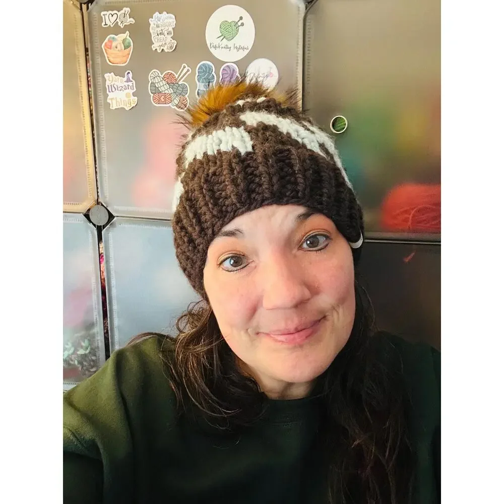Hand Knit Tilt A Whirl Beanie: Cozy Winter Hat with Faux Fur Pom